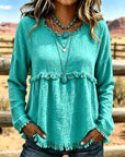 Blusa vintage de mujer con cuello redondo y borlas – Estilo informal y elegante de manga larga