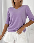Suéter ligero de cuello en V y manga a media longitud para mujer - casual y refinado.