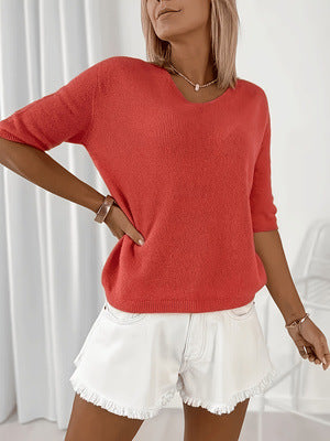 Suéter ligero de cuello en V y manga a media longitud para mujer - casual y refinado.