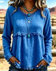 Blusa vintage de mujer con cuello redondo y borlas – Estilo informal y elegante de manga larga