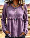 Blusa vintage de mujer con cuello redondo y borlas – Estilo informal y elegante de manga larga