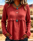Blusa vintage de mujer con cuello redondo y borlas – Estilo informal y elegante de manga larga
