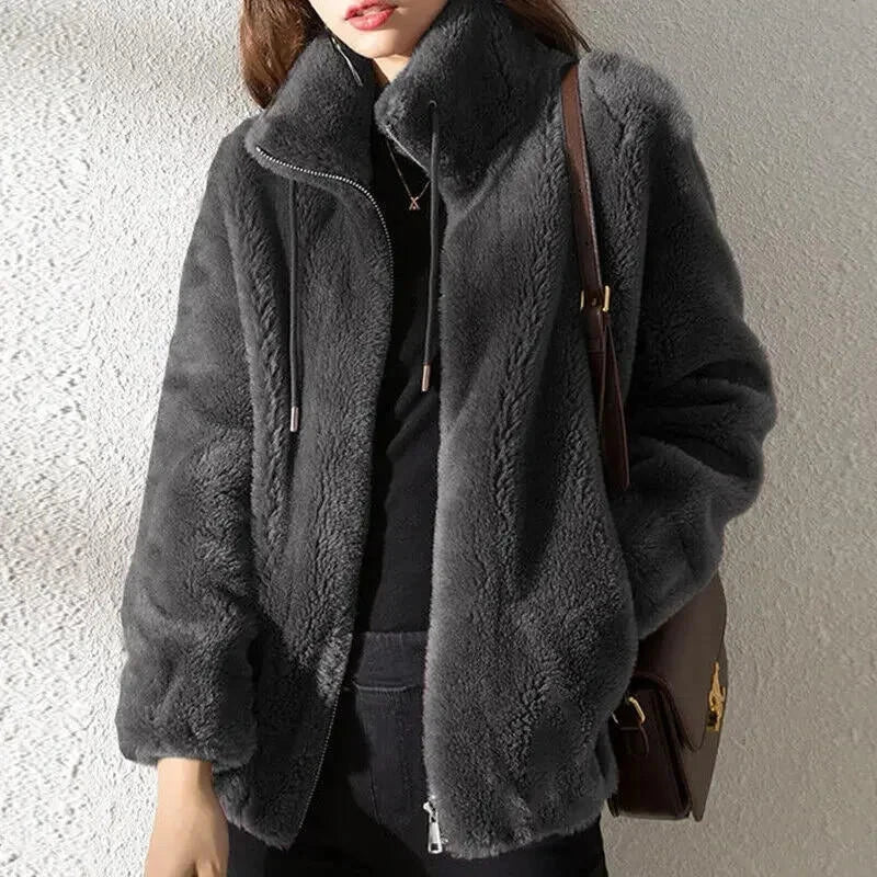 Abrigo liso y acogedor para mujer con cordón de ajuste – Prenda de abrigo de invierno casual, suave y confortable