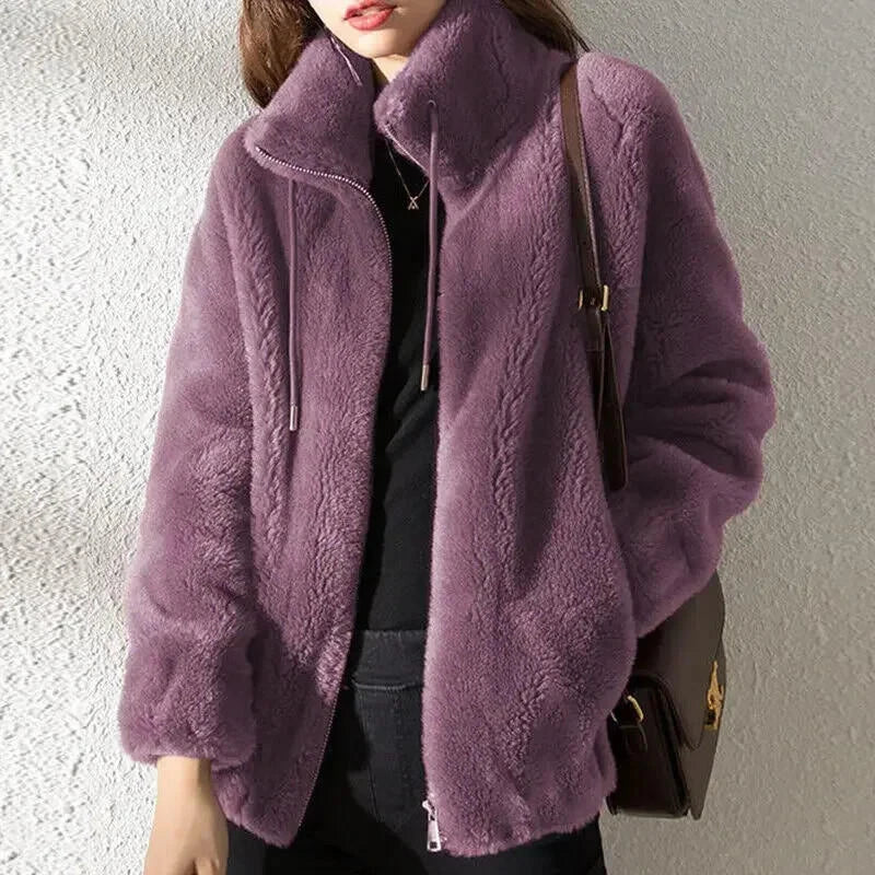 Abrigo liso y acogedor para mujer con cordón de ajuste – Prenda de abrigo de invierno casual, suave y confortable