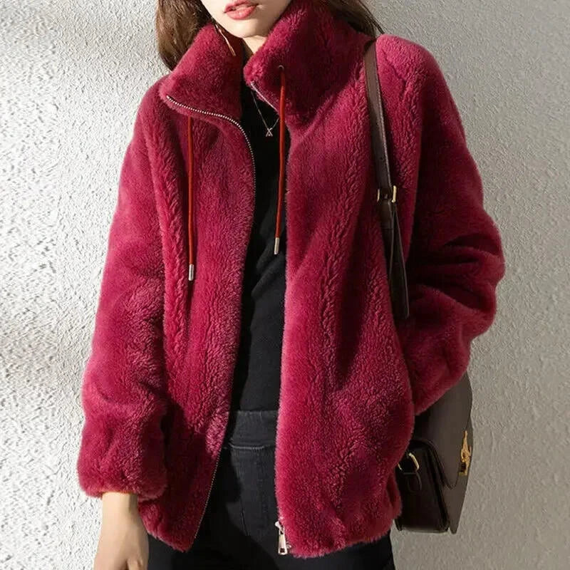 Abrigo liso y acogedor para mujer con cordón de ajuste – Prenda de abrigo de invierno casual, suave y confortable