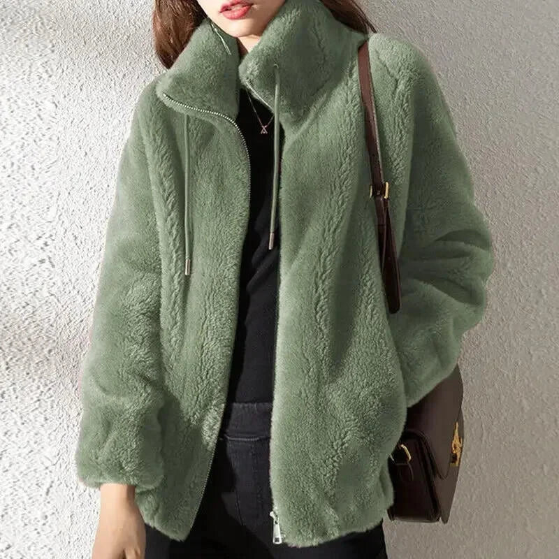 Abrigo liso y acogedor para mujer con cordón de ajuste – Prenda de abrigo de invierno casual, suave y confortable